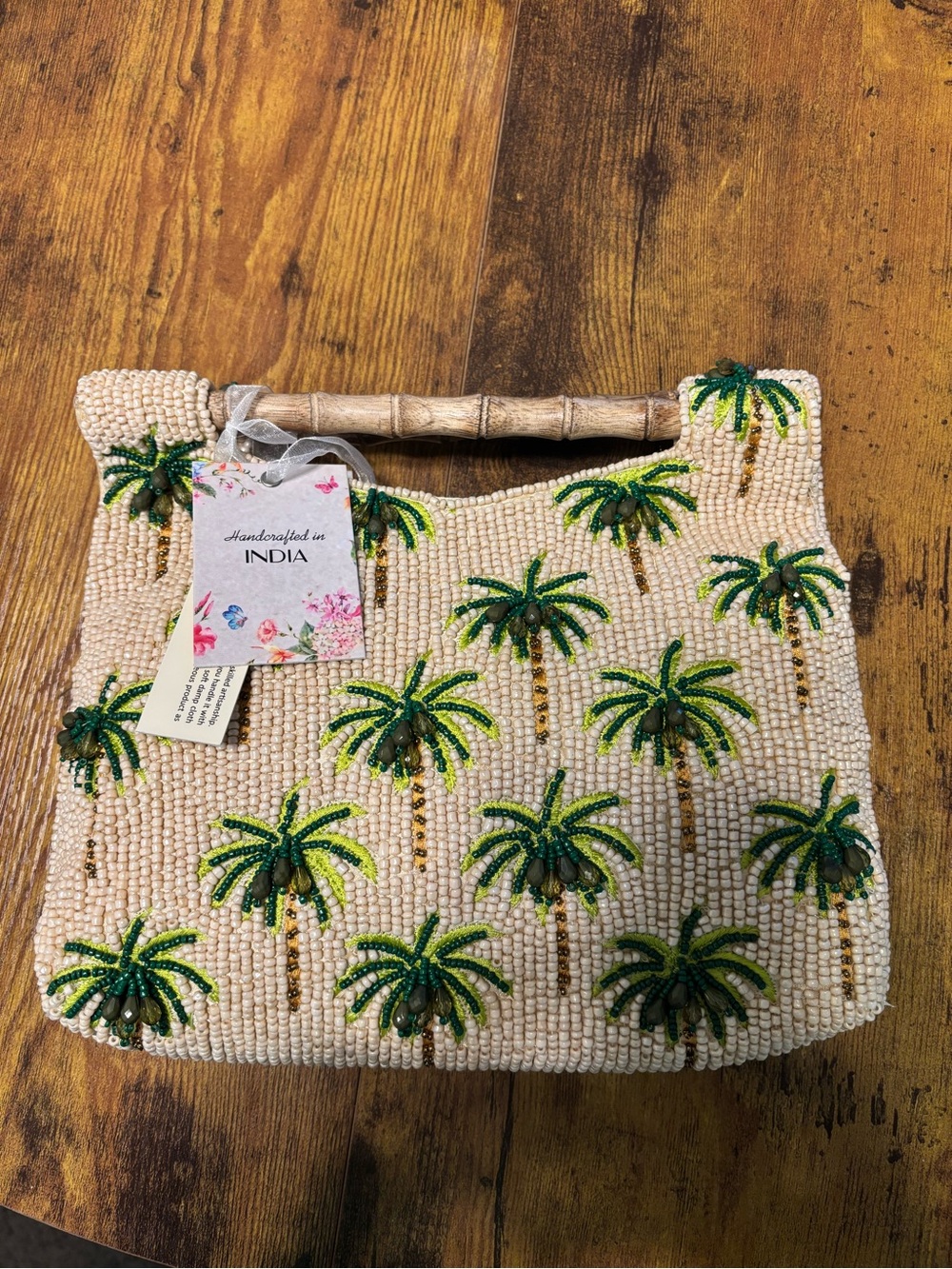 Handcrafted Palm Bead Tote Bag — Cream & Green - Picture 4 of 4